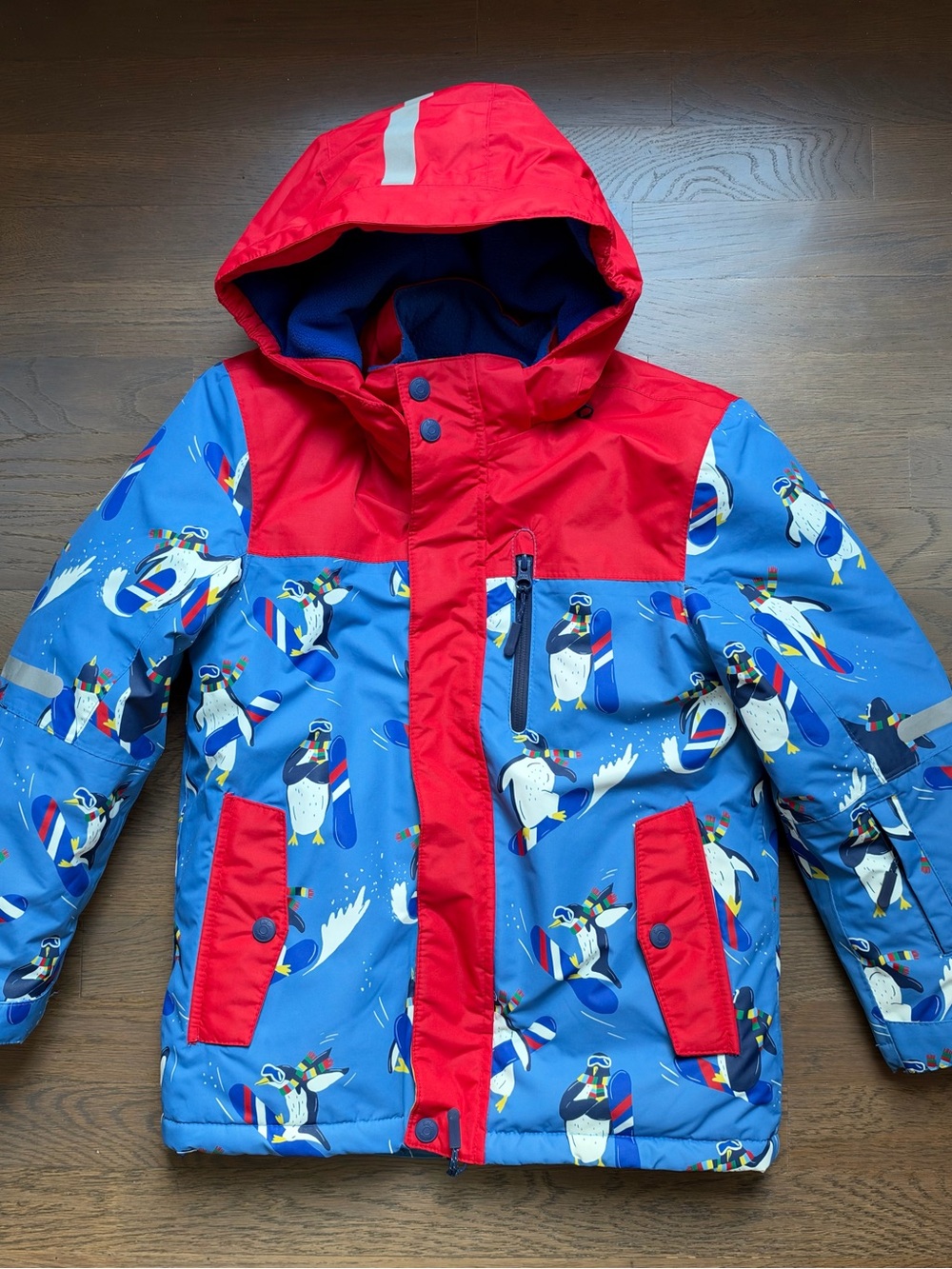 Boden Kids Penguin Puffer Jacket - Blue & Red